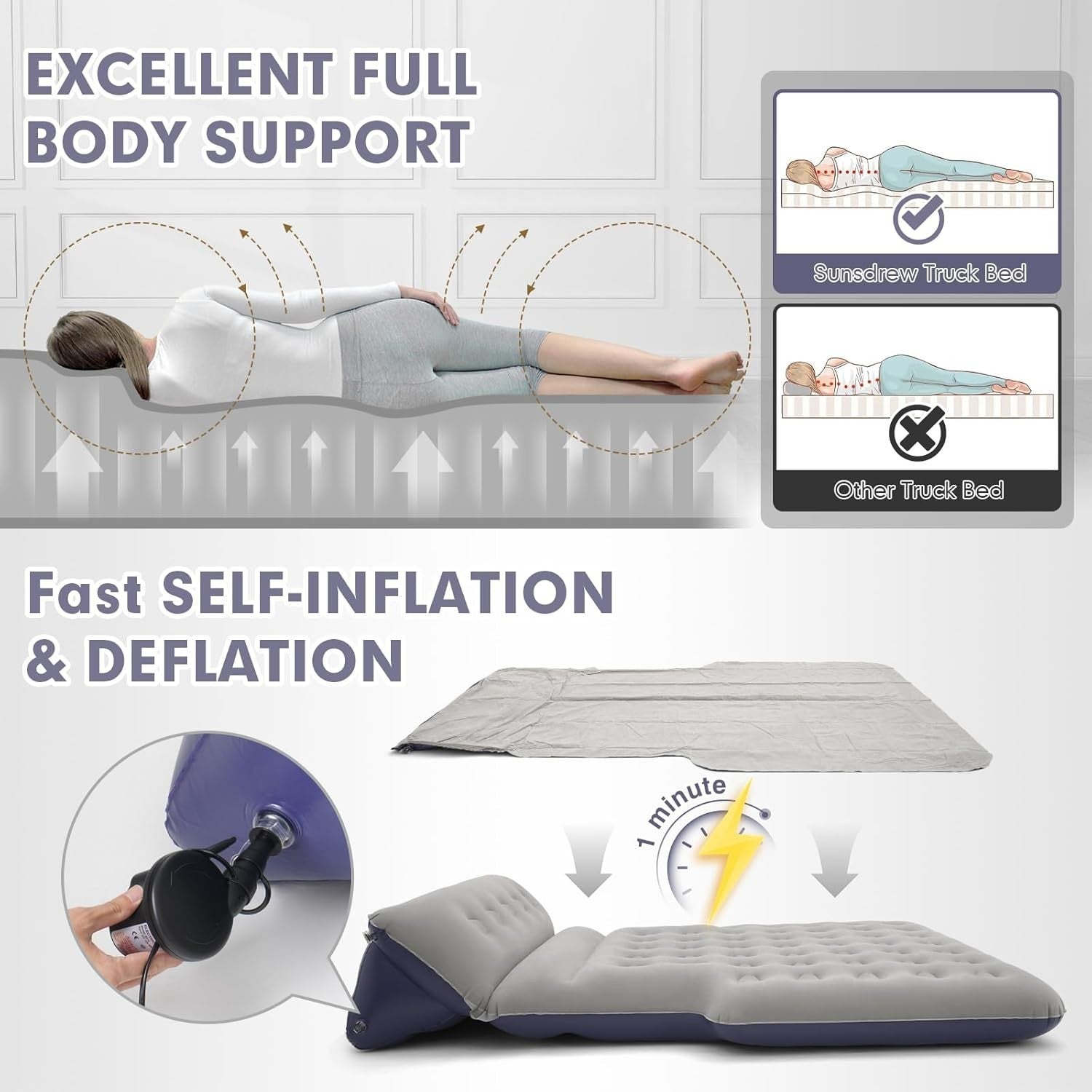Full-Size Truck Air Mattress with Built-In Pillow – Inflatable for Camping