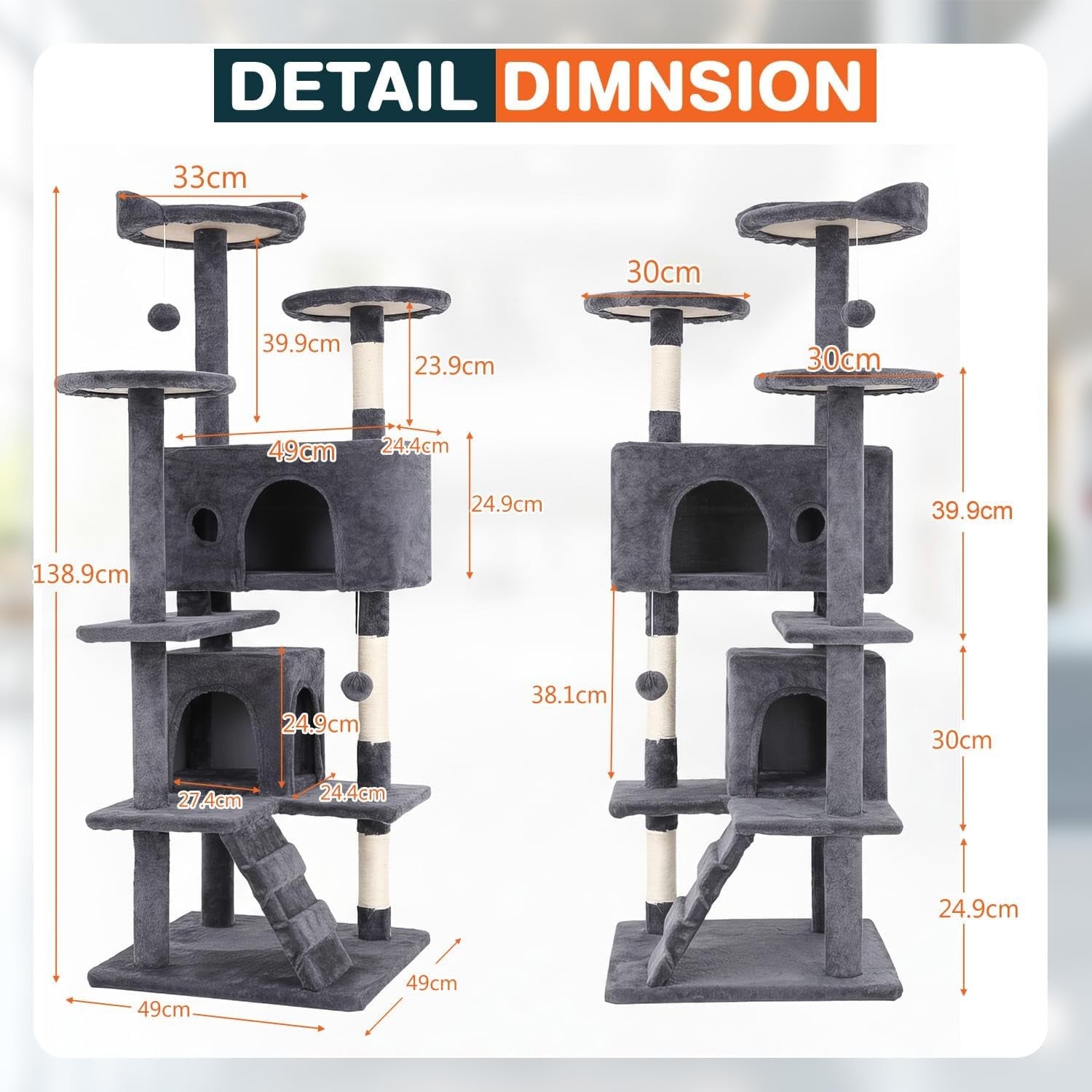 Ashy Grey Cat Tree Tower 139cm Multi Level Condo with Scratching Posts