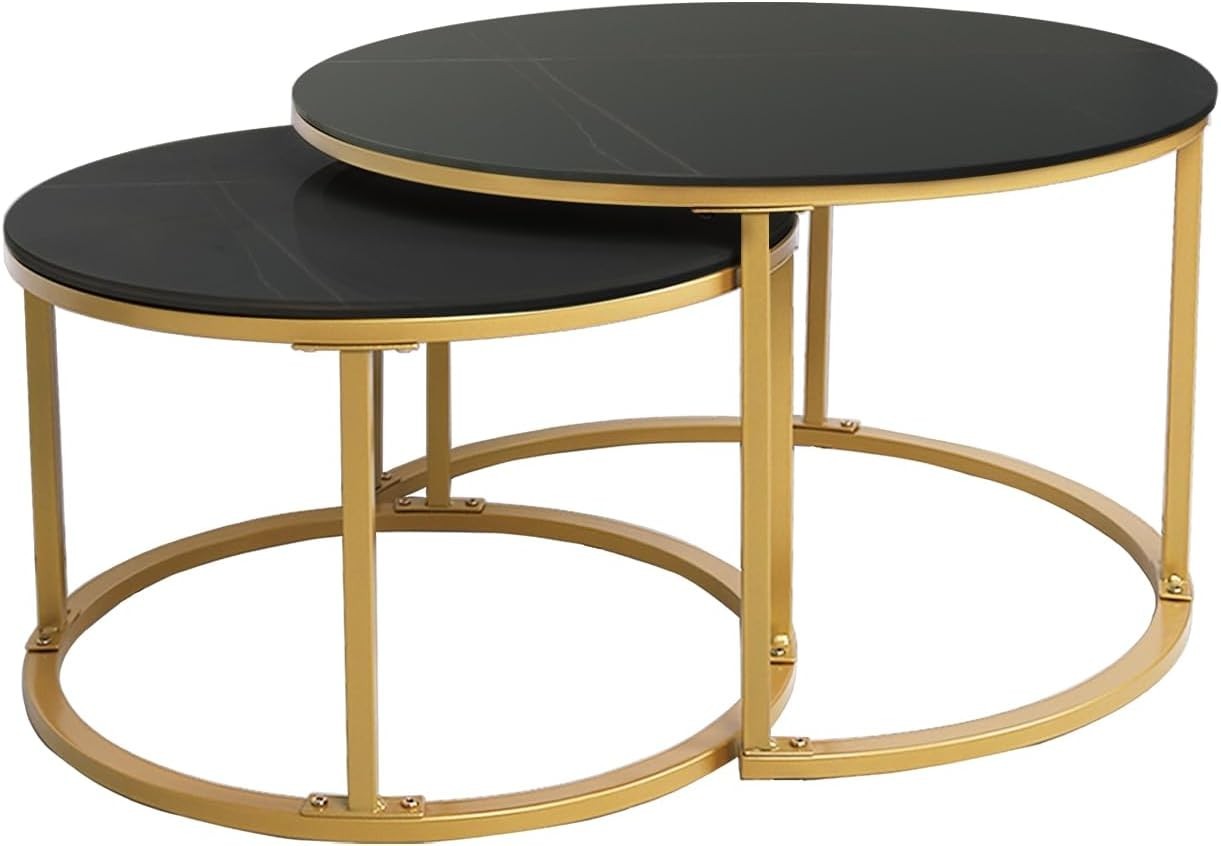 Black Gold Nesting Coffee Table Set Stone Top End Side Tables Round Modern