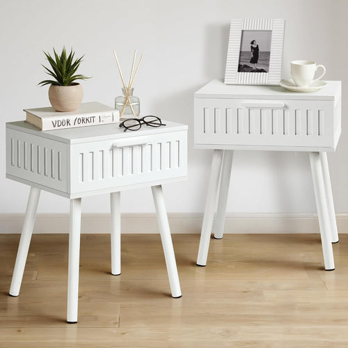 Modern White Bedside Tables Set of 2 with Drawer, Solid Wood Legs 50x45x16cm