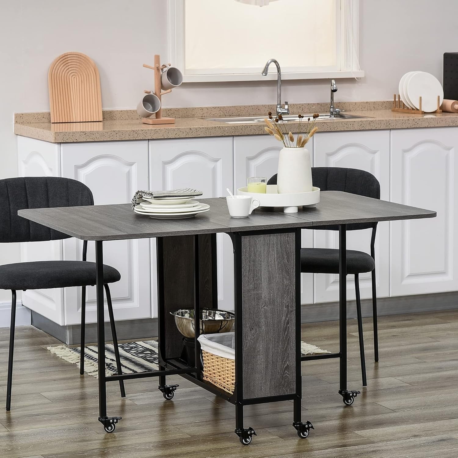Foldable Drop Leaf Dining Table on Wheels Grey Space-Saving Kitchen Desk