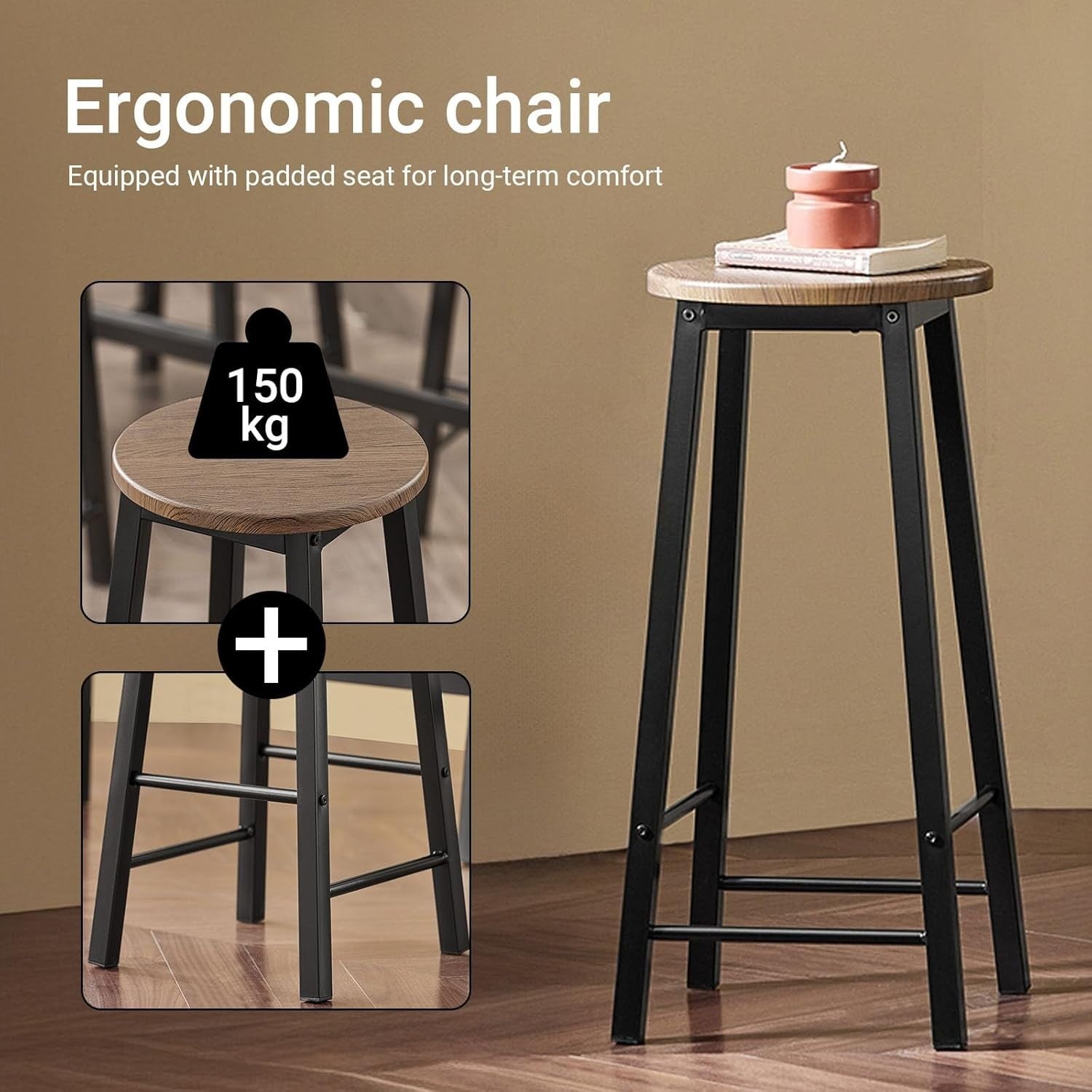 5-Piece Breakfast Bar Table Set with 4 Stools Wood Grain Top Metal Frame