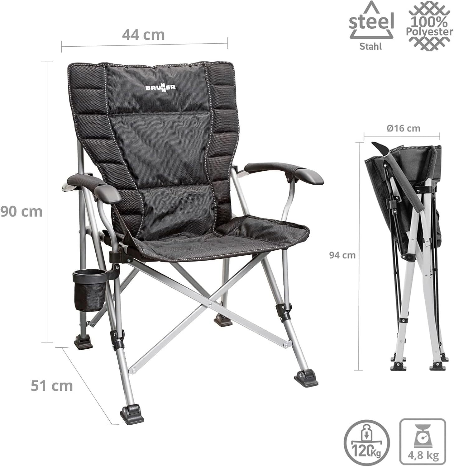 Heavy Duty Folding Camping Chair with Cup Holder, Padded Seat & Backrest