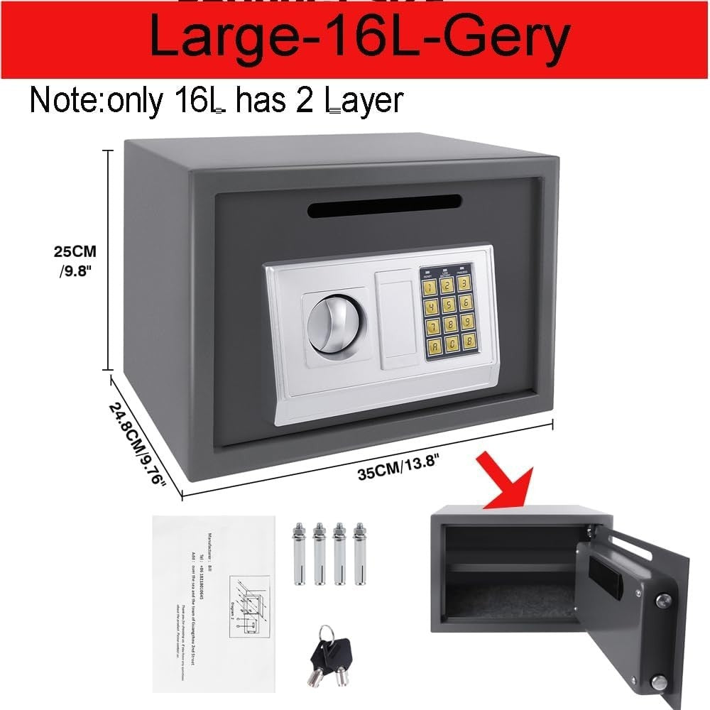 16L Digital Safe Box Electronic Keypad Lock Cash Security Grey