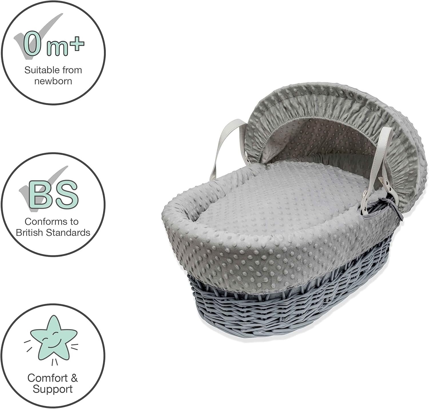 Embroided  Wicker Moses Basket Adjustable Hood Rocking Stand Dimple Grey