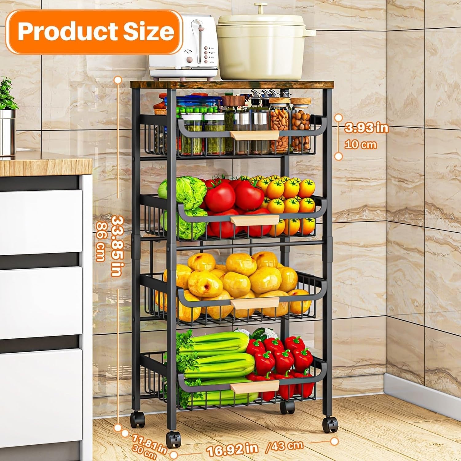 5 Tier Kitchen Trolley on Wheels Storage Rack Wood Top
