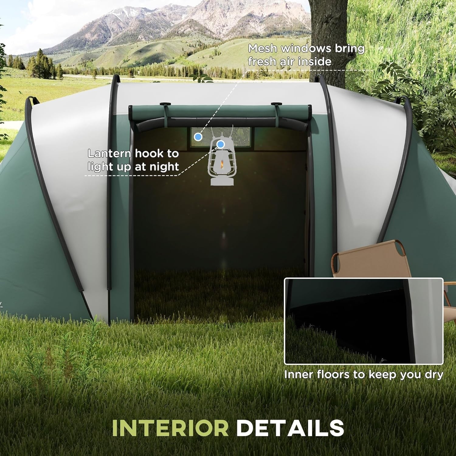 4-5 Person Family Tunnel Tent 3000mm Waterproof 2 Bedroom