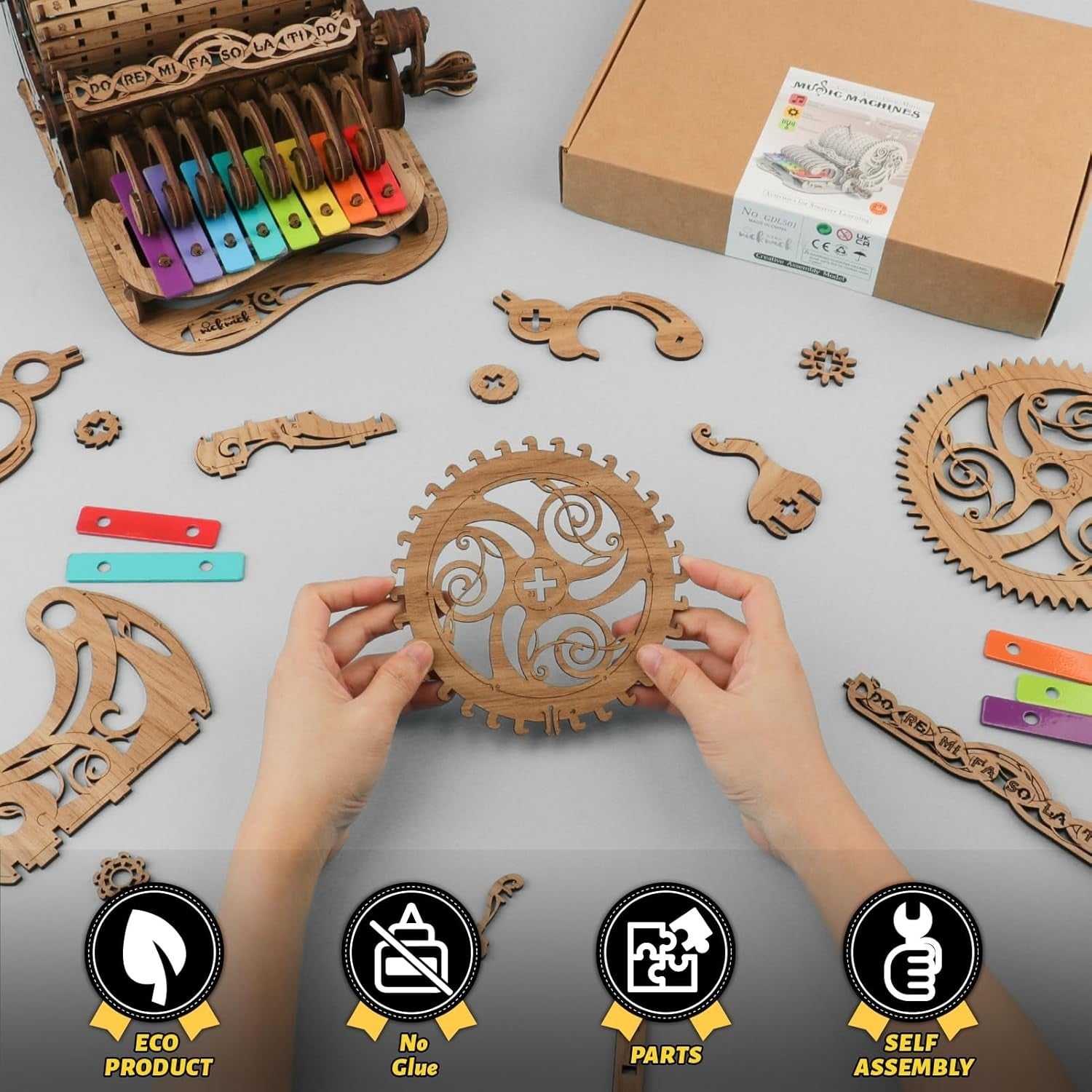 Hand Cranked 3D Wooden Piano Puzzle Kit, Mechanical Music Model, DIY Craft