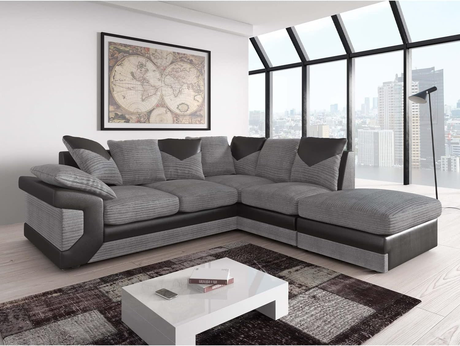 Black & Grey Cord 4‑5 Seater L-Shaped Corner Sofa + FREE Footstool