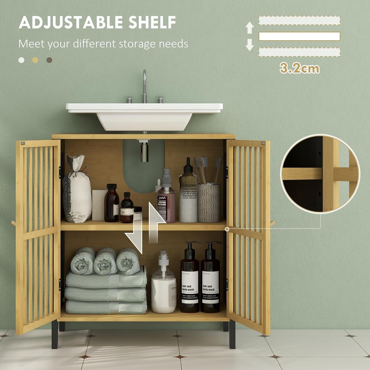 Bamboo Bathroom Sink Cabinet Under Sink Storage Unit with Adjustable Shelf