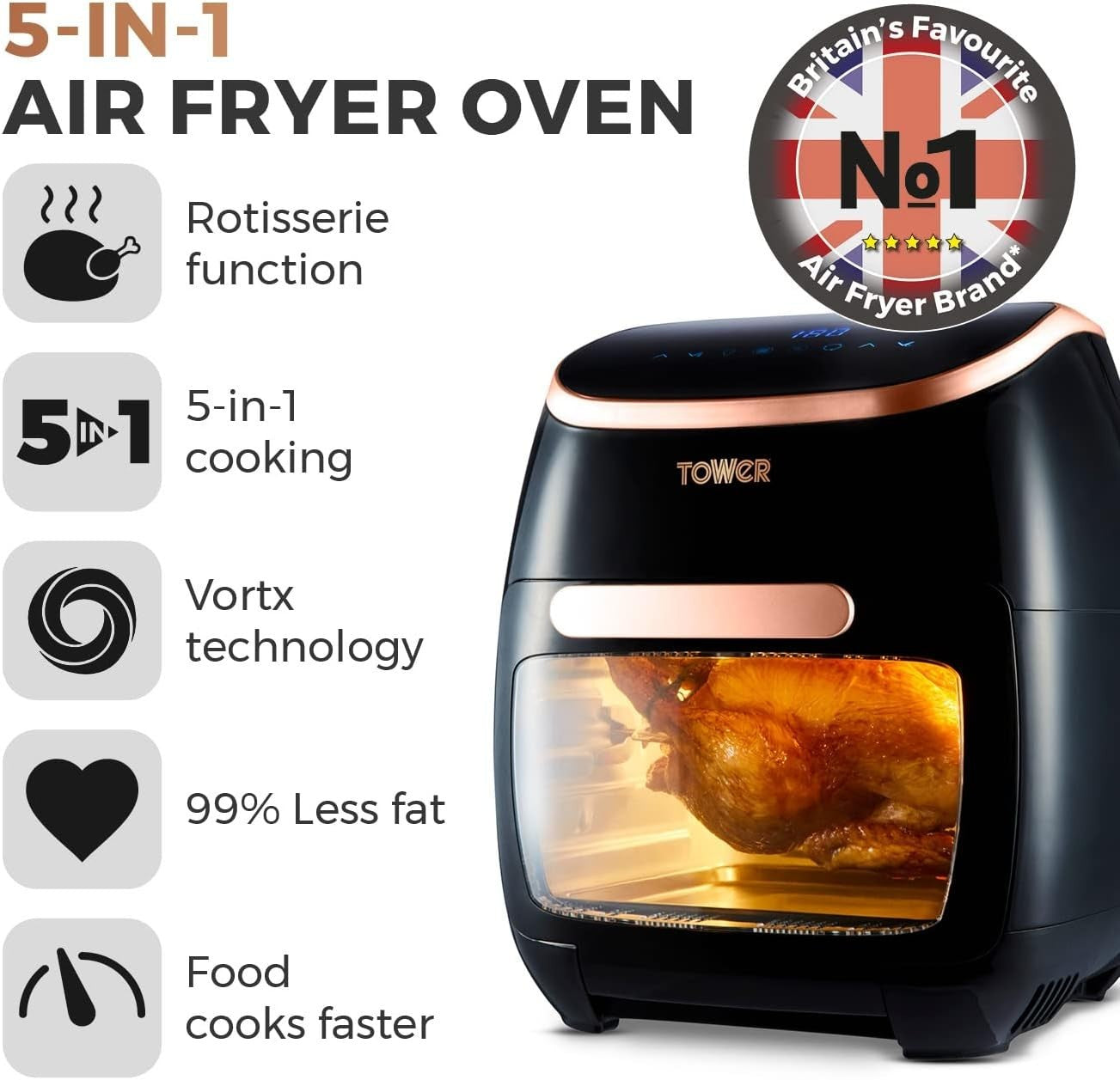 11L Digital Air Fryer Oven 5-in-1 Rapid Cook Rotisserie 2000W Rose Gold