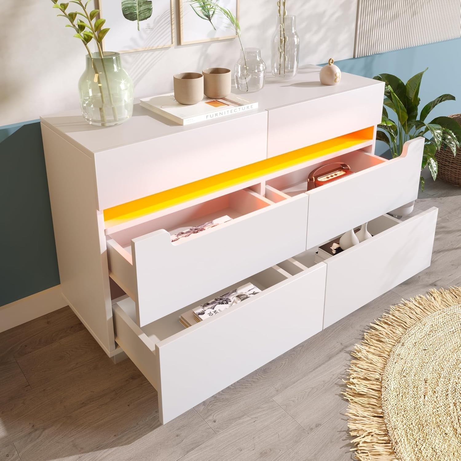 Modern White Sideboard Cabinet 6 Drawers RGB LED Storage Dresser Floor Mount