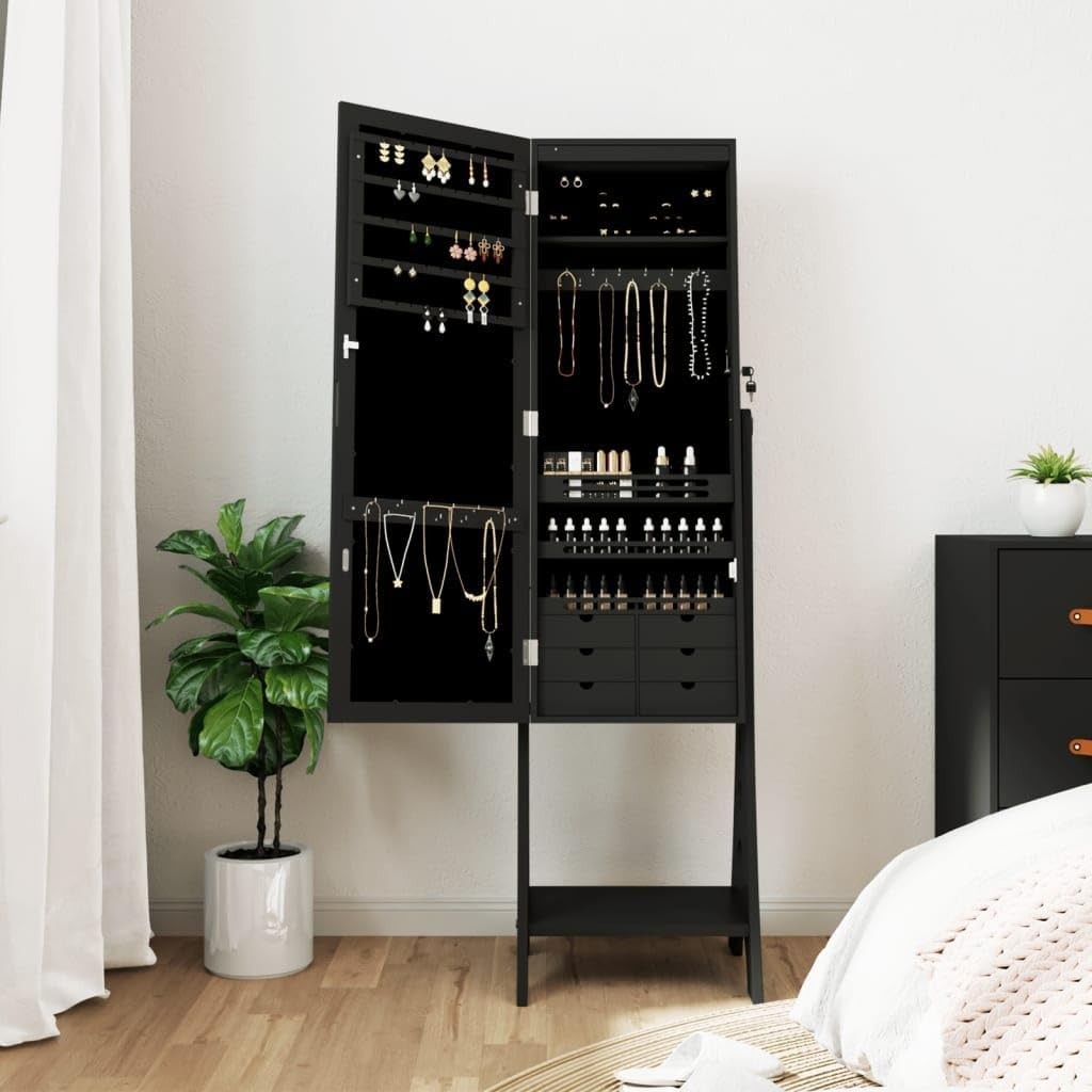 LED Standing Mirror Jewelry Cabinet Lockable Storage Armoire Black