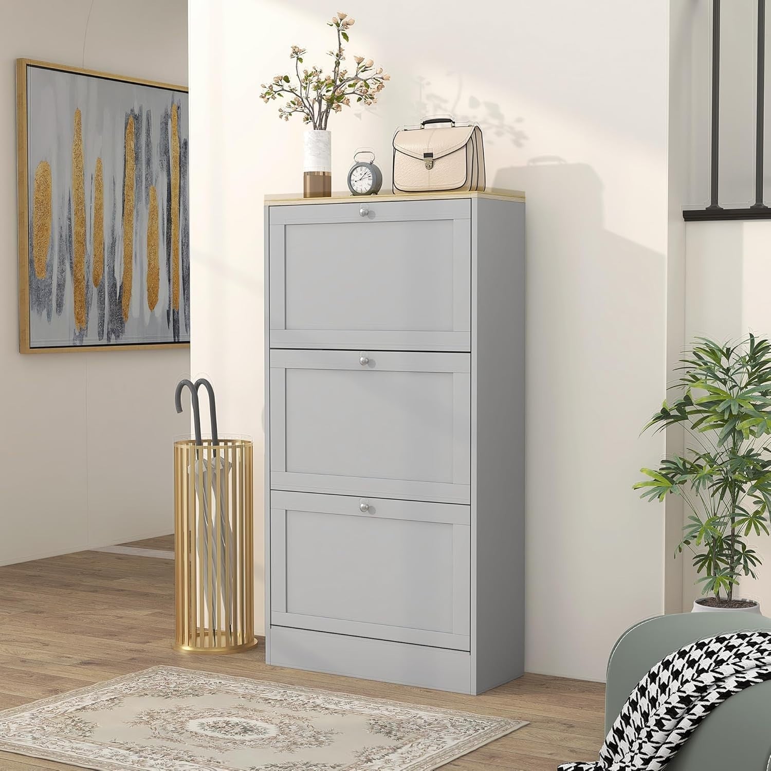 Slim Grey Shoe Cabinet 3 Flip Drawers Adjustable Shelves Space Saver
