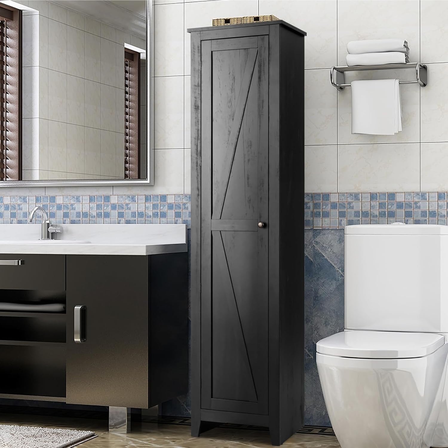 Tall Bathroom Storage Cabinet with 4 Shelves, Magnetic Door & Raised Feet