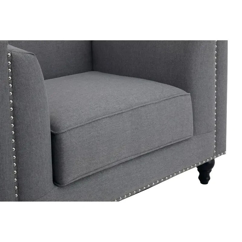 Grey Fabric Armchair – Boxy Design, Stud Trim, Modern Lounge Accent Seat