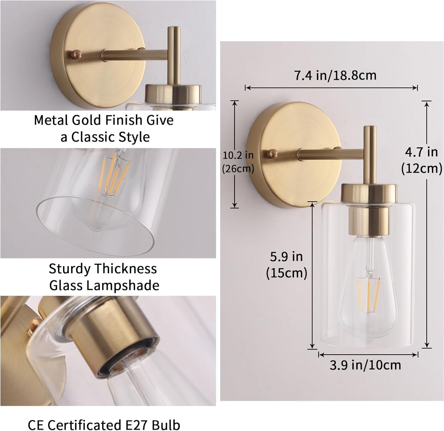 Vintage Gold Wall Lights 2-Pack with Glass Shade | Dimmable Bedroom & Bathroom