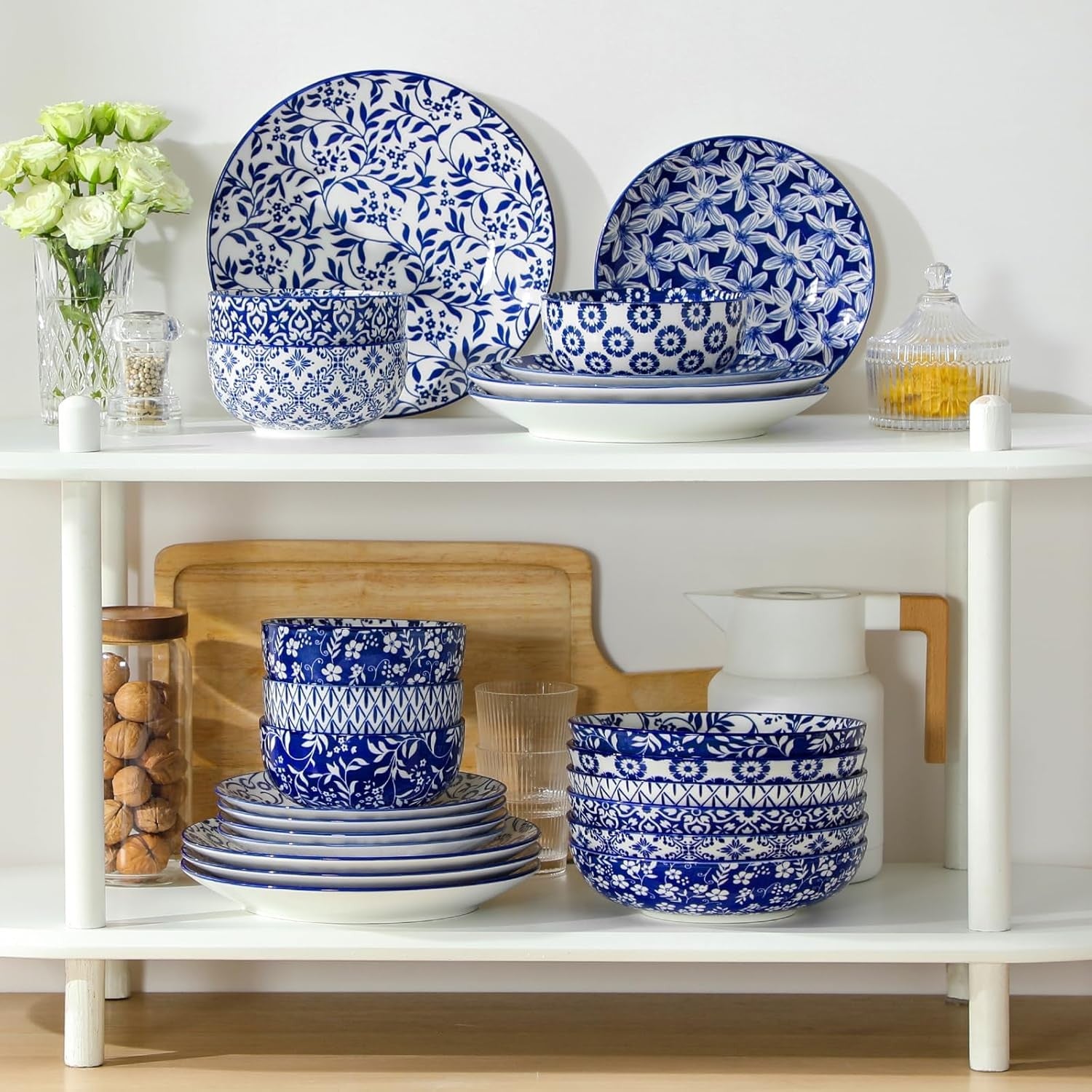 24pc Porcelain Dinnerware Set Blue White Plates Bowls Dishwasher Safe