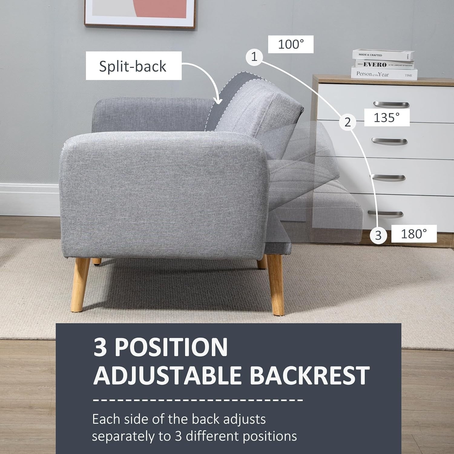 2-Seater Click Clack Sofa Bed Light Grey Linen Split Back Guest Couch Small Room