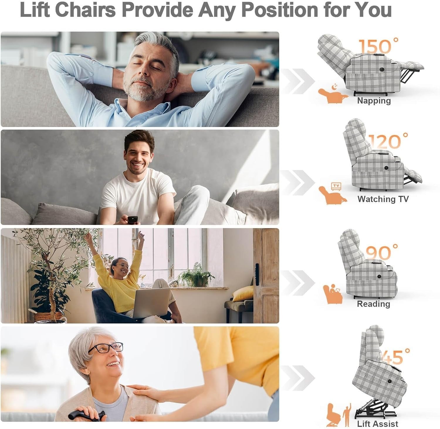 Power Lift Recliner Chair Massage Heat USB Type-C White Plaid Vinyl Cup Holders