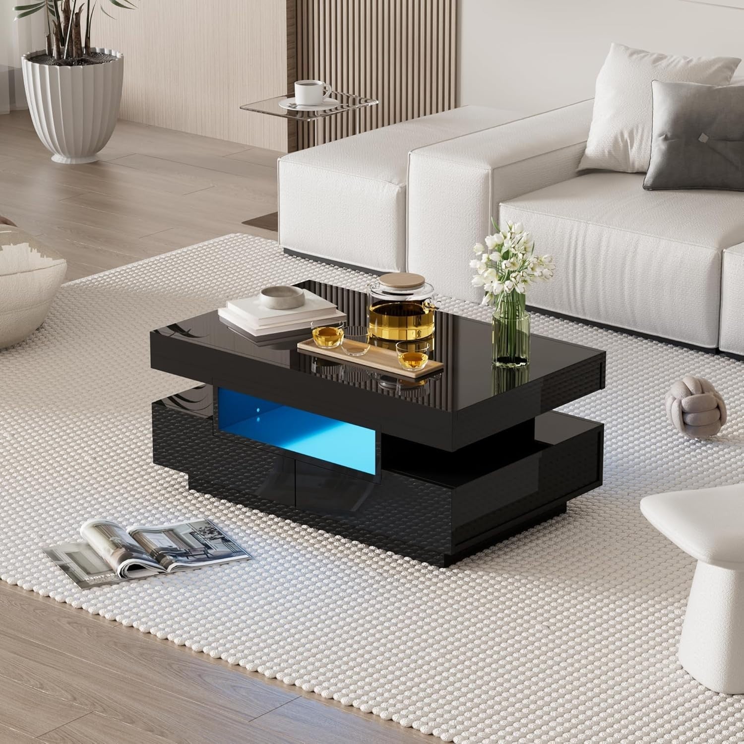 High-Gloss LED Coffee Table with 4 Drawers & Large Storage, Modern Design