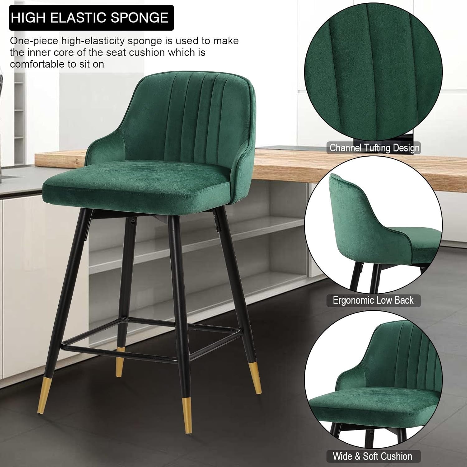 Green Velvet Swivel Bar Stools Set of 4 – Luxury Bar Height Chairs