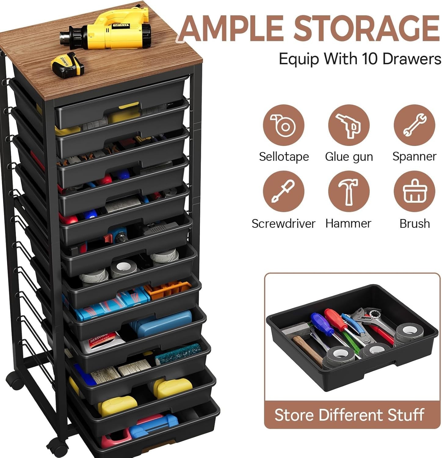 12 Drawer Storage Trolley Black Craft Organizer Cart with Wheels