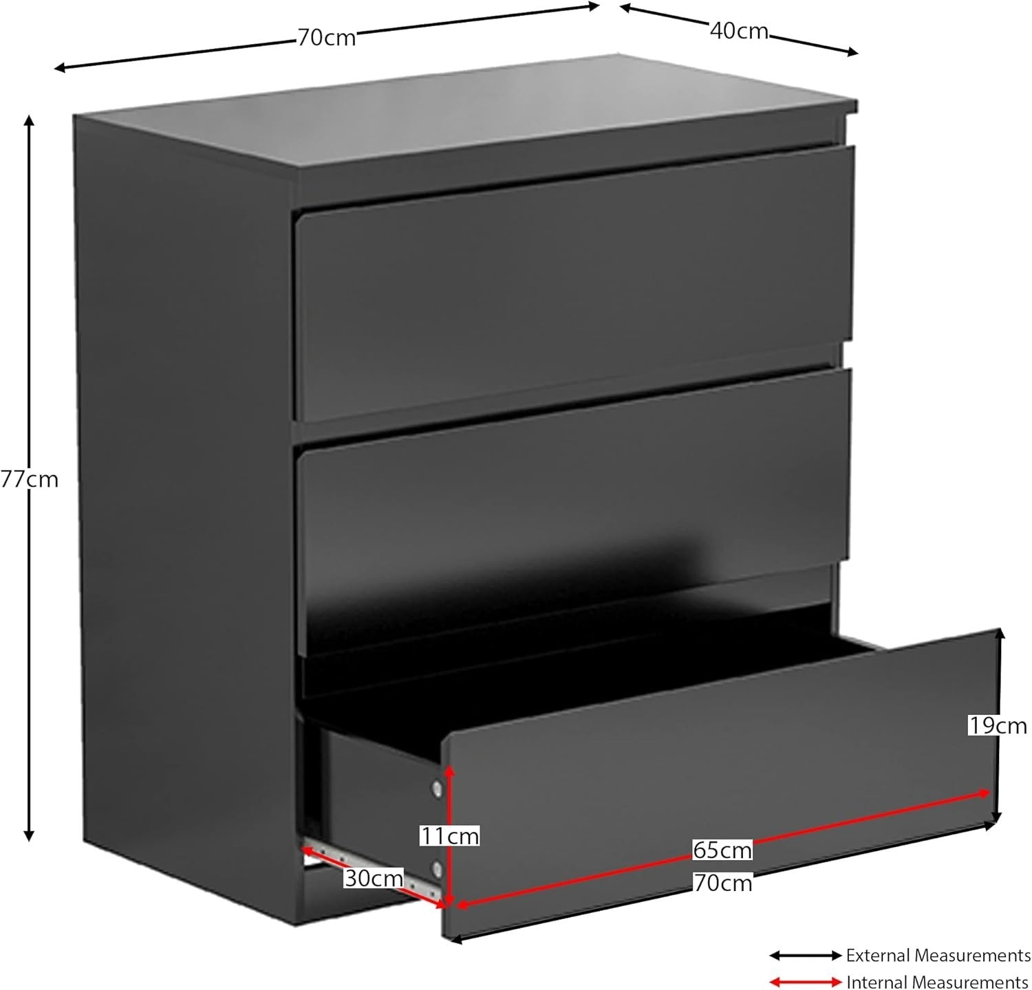 Black 3 Drawer Chest Modern Bedroom Storage Cabinet Unit Wood