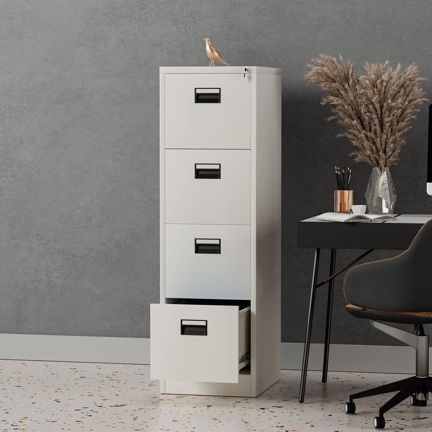 Light Grey 4 Drawer Lockable File Cabinet 50x40x133cm Steel