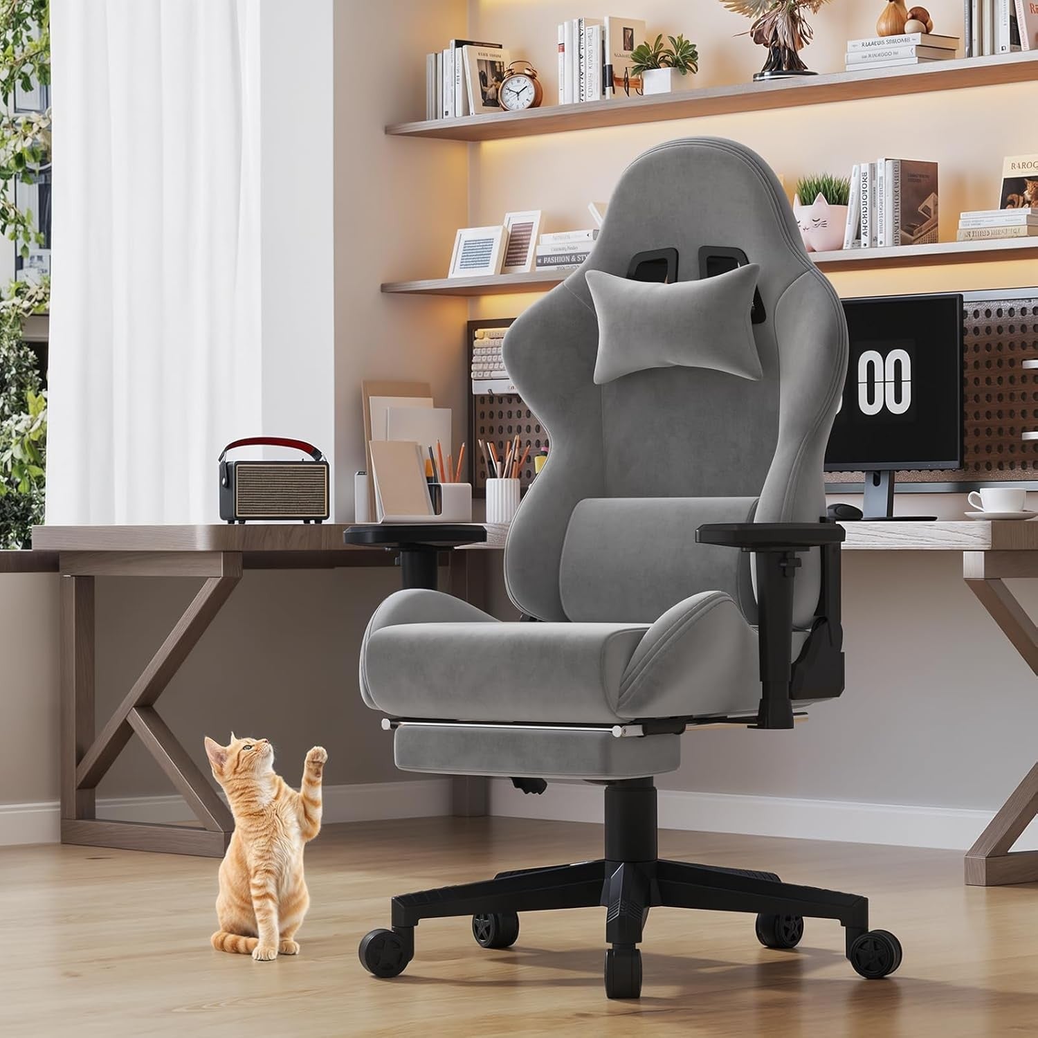 Fabric Gaming Chair Reclining Footrest Massage Lumbar Grey