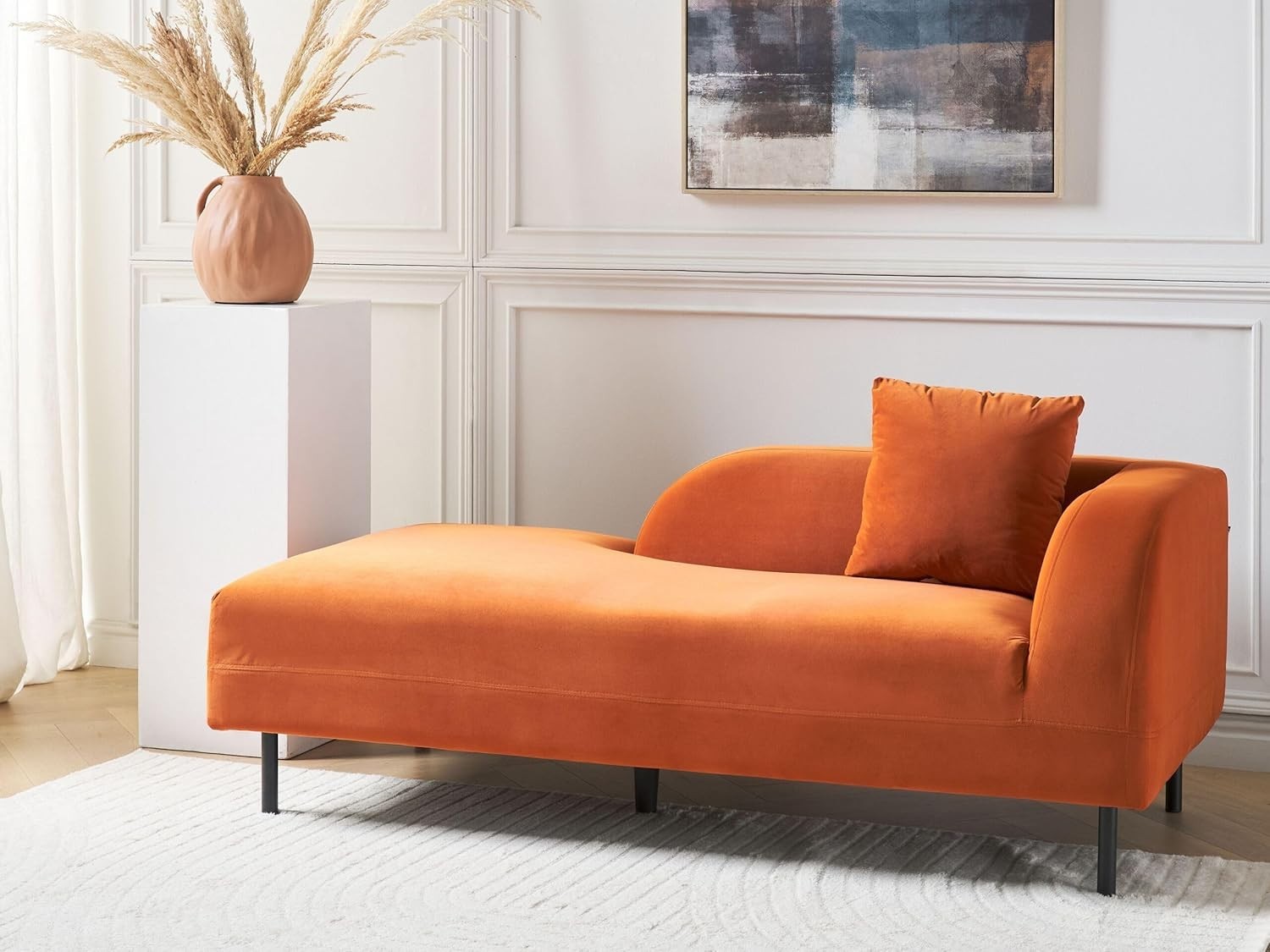 Right Hand Orange Velvet Chaise Lounge Retro Curvy Design with Cushion
