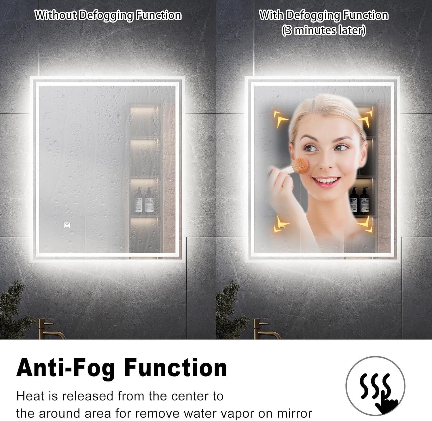 LED Bathroom Mirror 60x50cm Anti-Fog Wall Mount, Dimmable Light, Waterproof