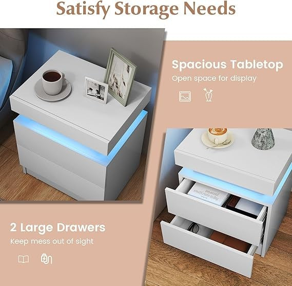 Set of 2 High Gloss LED Bedside Tables – RGB Lights, Remote Control & 2 Drawers