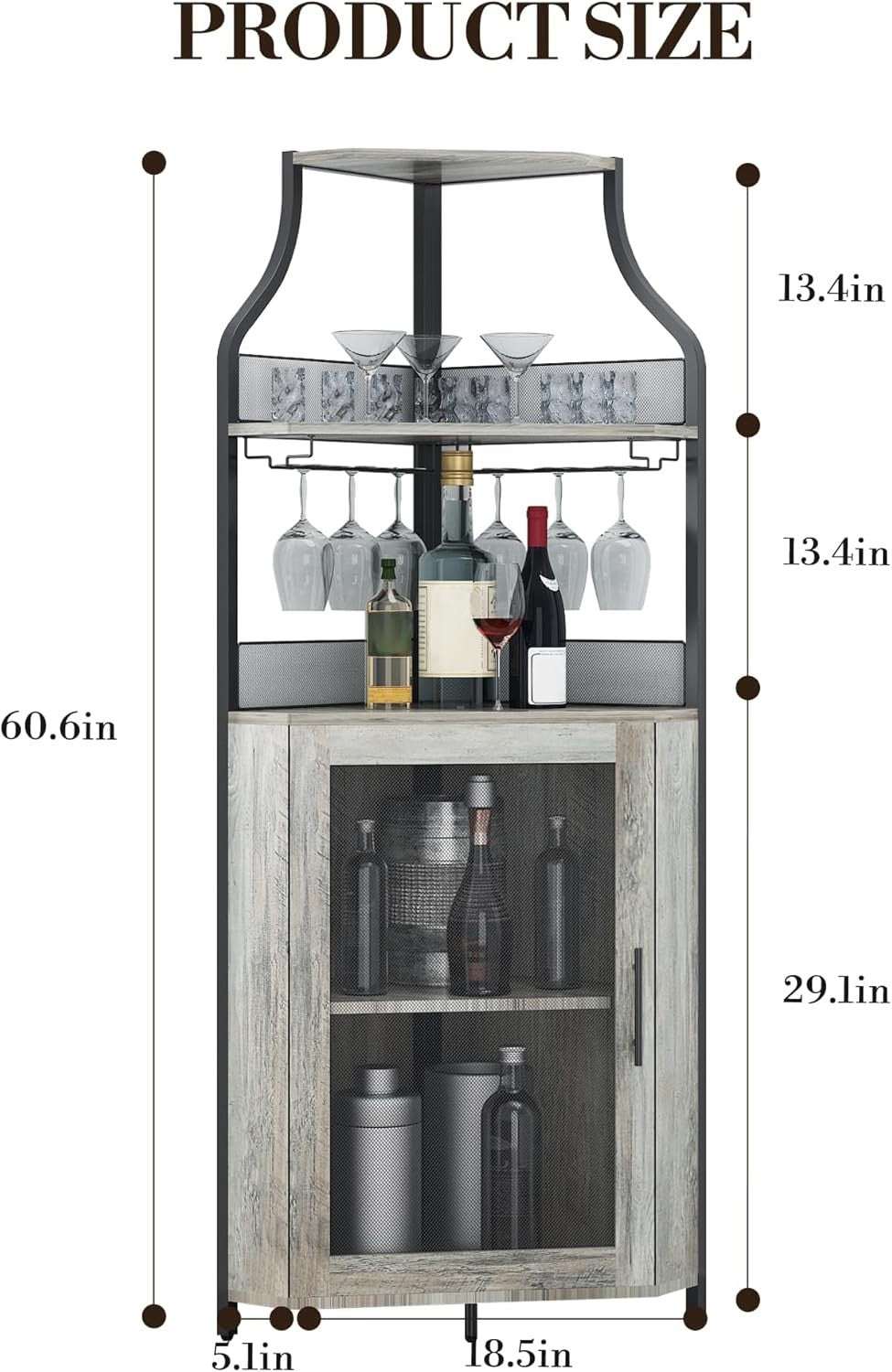 Corner Bar Cabinet with Wine Rack Glass Holder Mesh Door 5 Tier Home Bar Unit