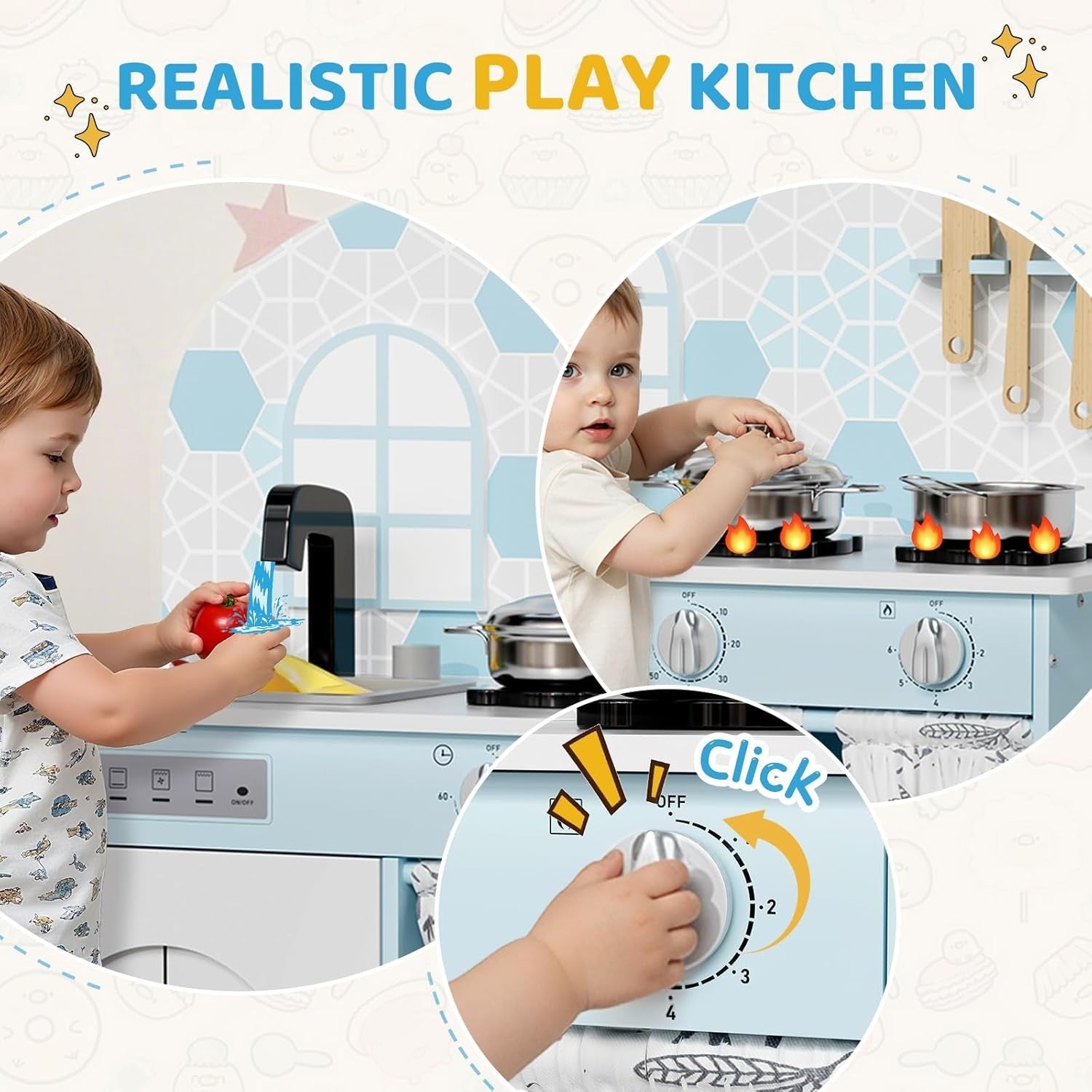 Kids Wooden Play Kitchen w/ Sound Stove Storage Blue Toy Set