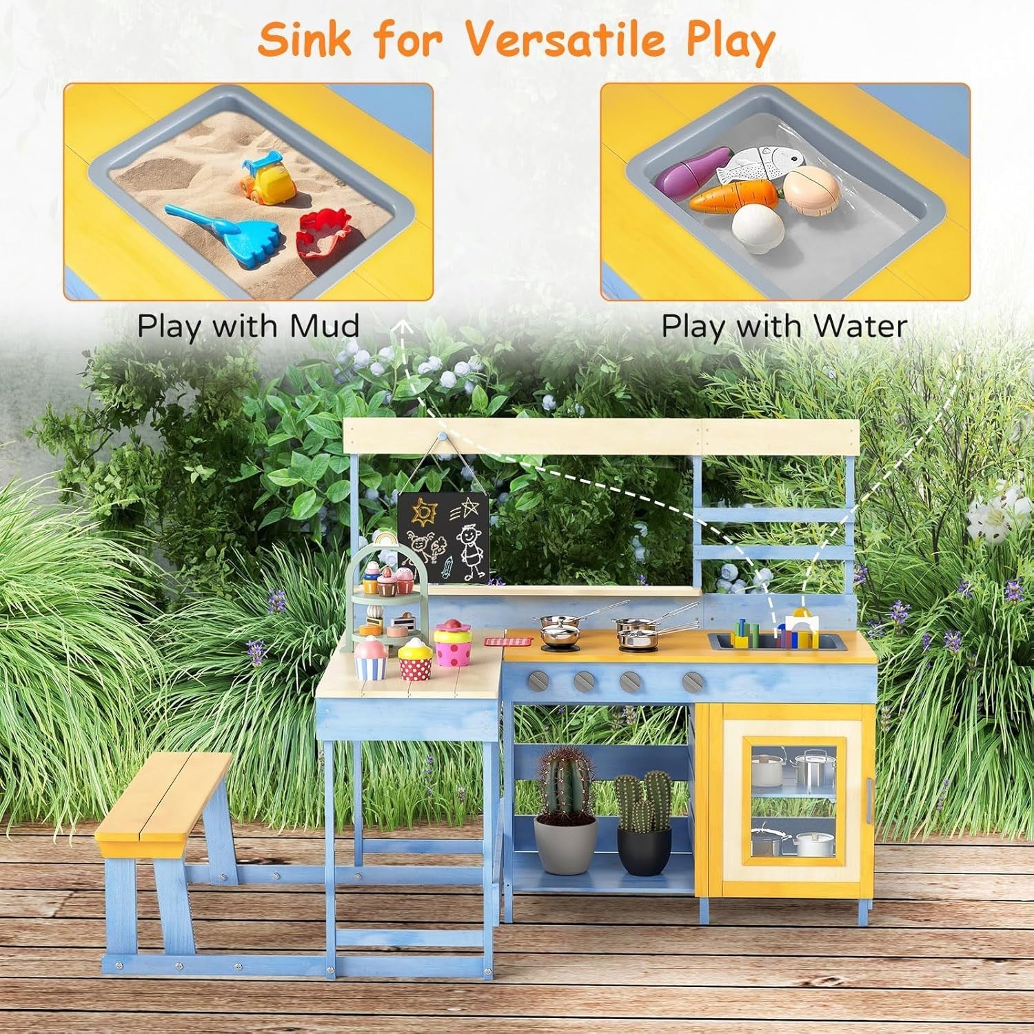 Outdoor Mud Kitchen Kids Playset w/ Picnic Table Blackboard Toys