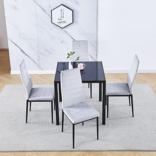 Square Glass Dining Table Set 4 Chairs Modern Space Saving Black Flannel Grey