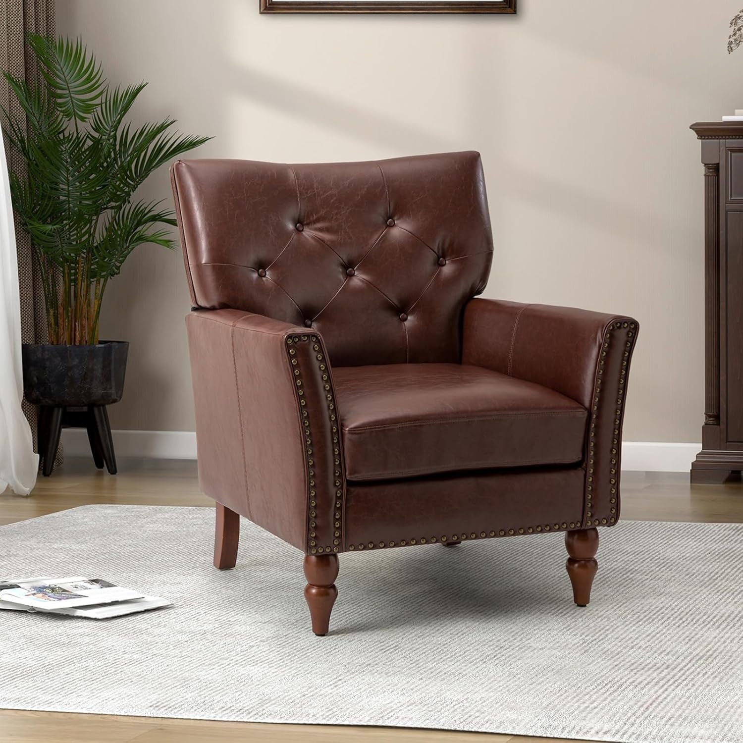 2x Brown Faux Leather Tufted Armchairs Vintage Nailhead Lounge Reading Set