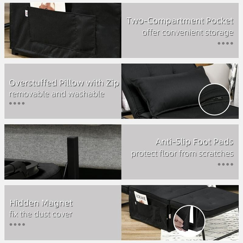 4-in-1 Folding Chair Bed w/ Pillow & Pockets – Recliner, Ottoman, Sleeper