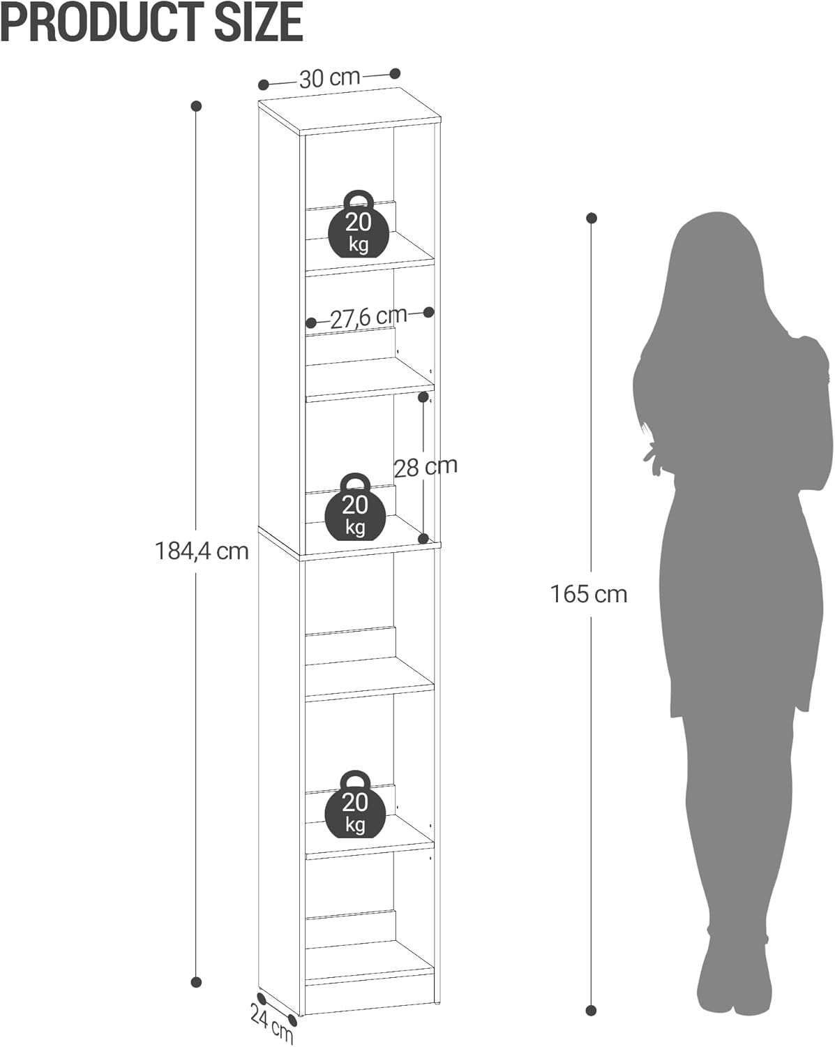Modern 6-Tier Black Wooden Bookshelf, Adjustable Shelves, 24x30x184 cm