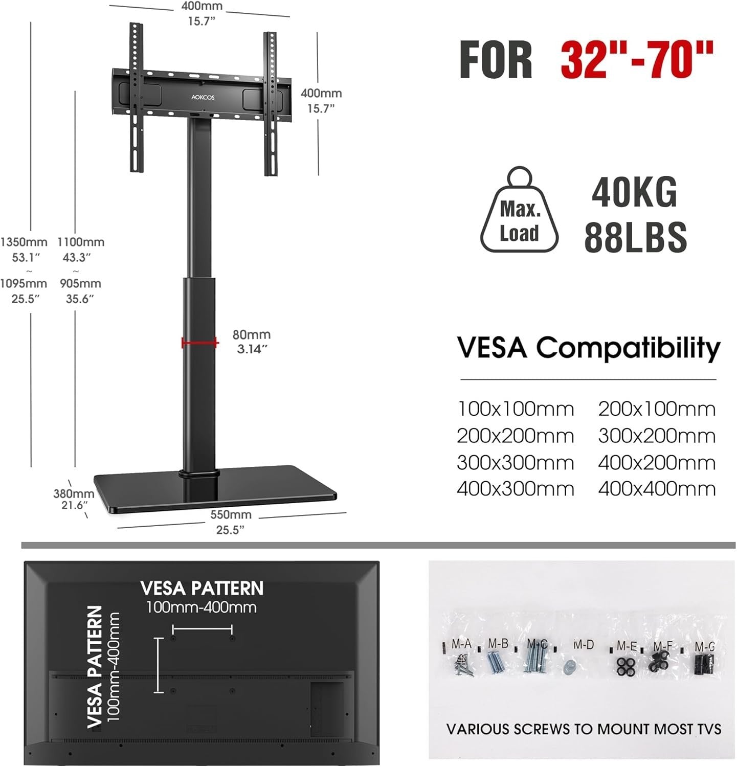 TV Floor Stand for 32-70" with Swivel Tilt & Height Adjust, VESA 400x400