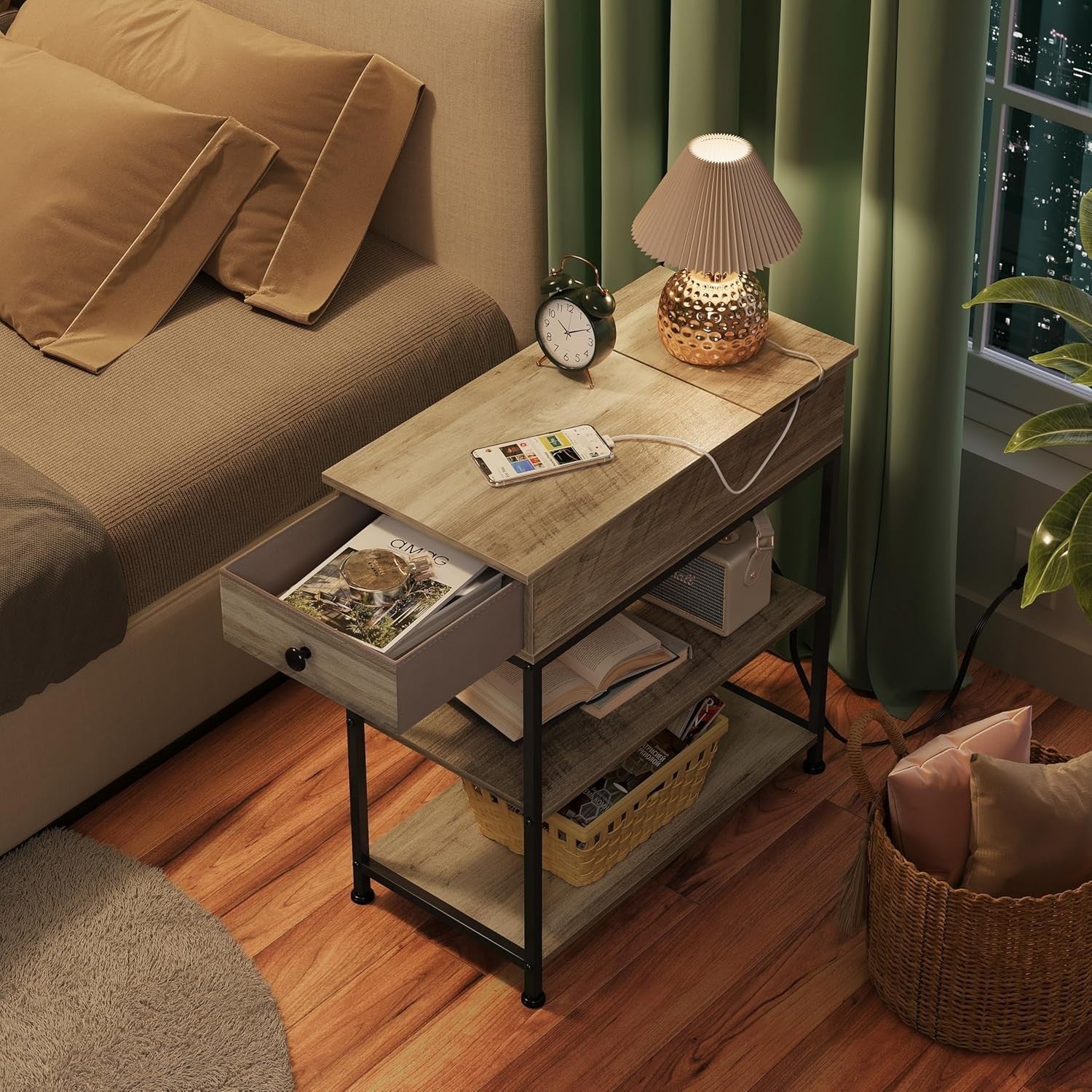 Narrow Side Table with USB & AC Charging – Grey Oak, 30x60x61cm