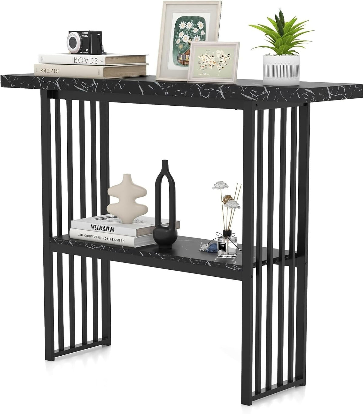 2-Tier Console Table Narrow Hallway Desk, Faux Marble, Black Metal Frame