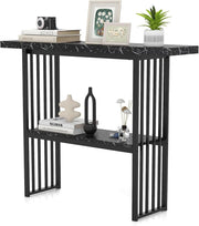 2-Tier Console Table Narrow Hallway Desk, Faux Marble, Black Metal Frame