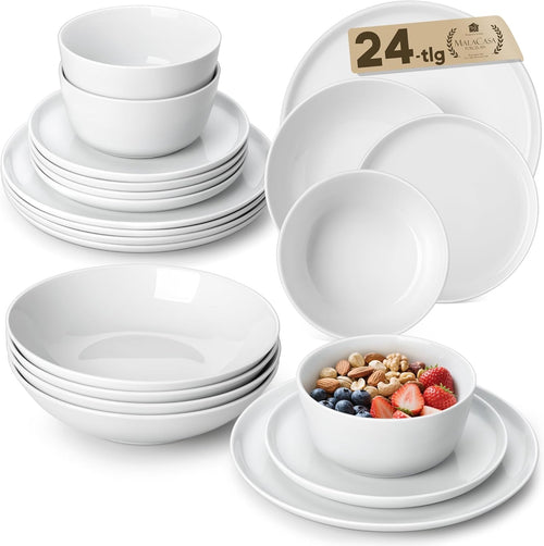 24pc Porcelain Dinnerware Set Plates Bowls Microwave Dishwasher