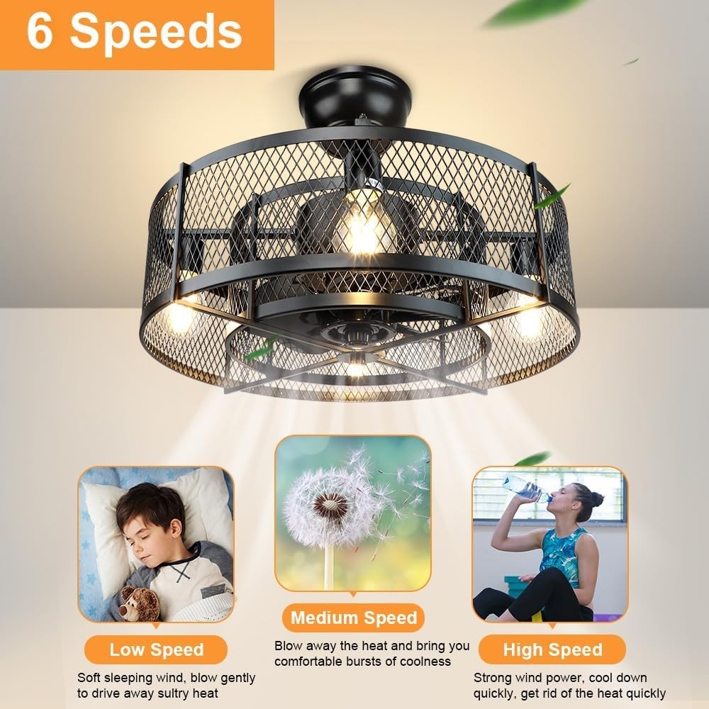Industrial Ceiling Fan with Lights 4-Bulb E27 Remote 6 Speeds