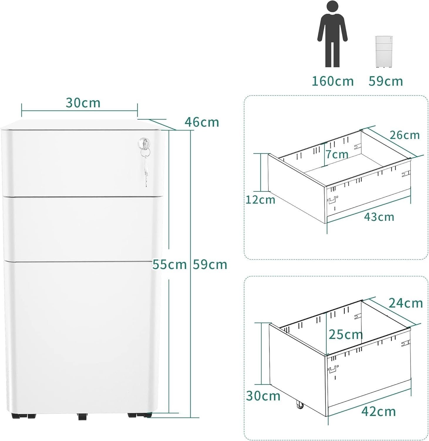 White 3 Drawer Metal File Cabinet 30x46x59cm Mobile Lockable