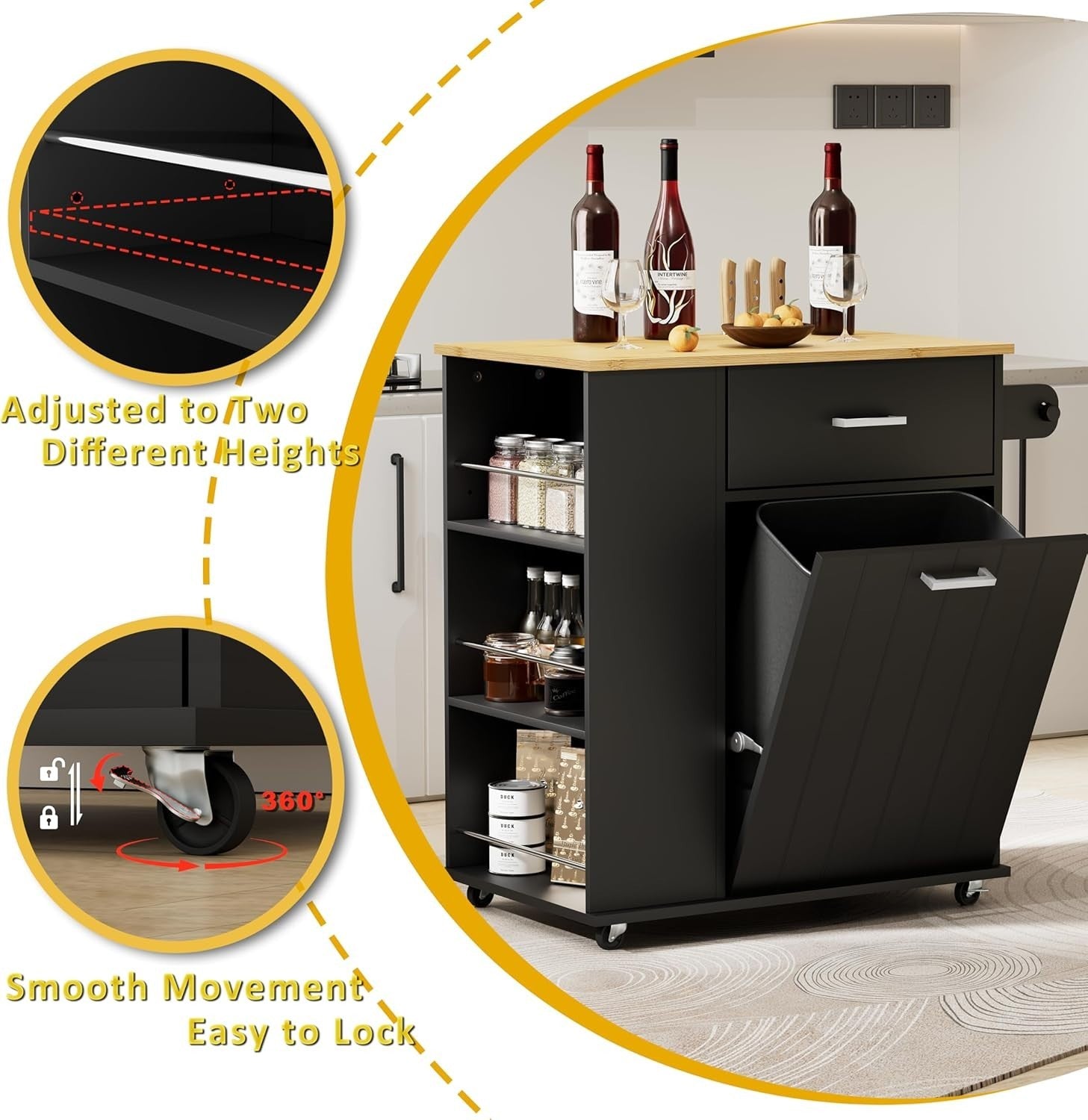 Black Rolling Kitchen Island with Tilt-Out Trash Bin, Spice Rack & Towel Bar