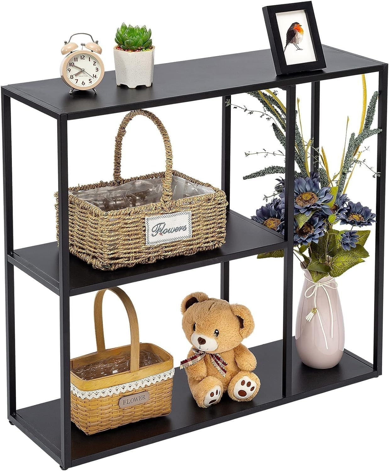 Black 3 Tier Metal Console Table with Shelves - Space-Saving, Durable, Multi-Use