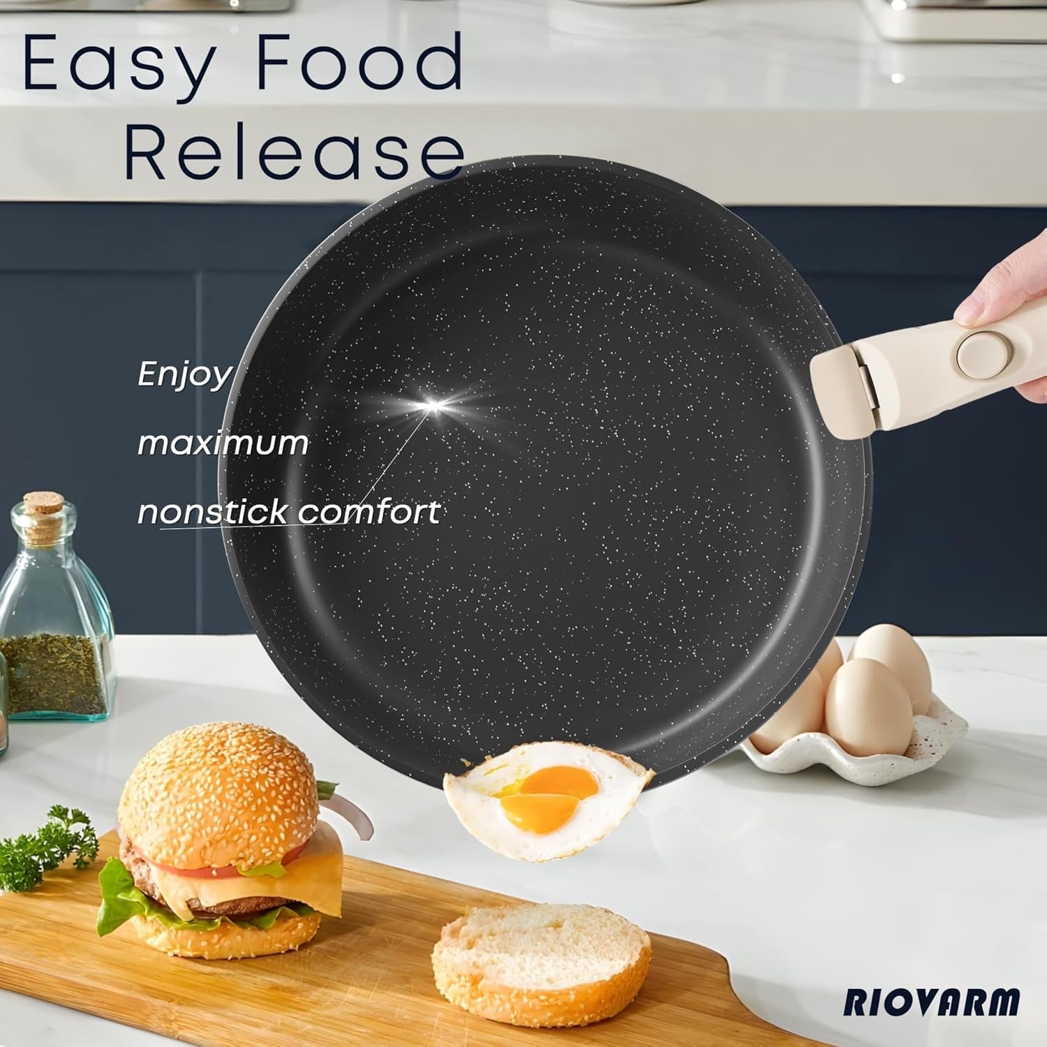 5Pcs Ribbed Navy Blue Pots Pans Set with Lids & Detachable Handle Induction Safe